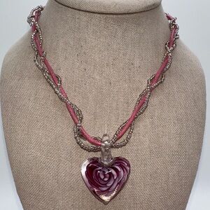 Vtg pink and purple braided and beaded cord with hand blown glass pendant